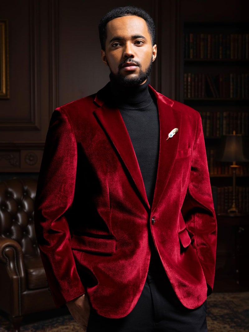 WEEN CHARM Velvet Blazer for Men Slim Fit One Button Sport Coat Tuxedo Jacket for Prom Wedding Party Dinner Red - Image 5